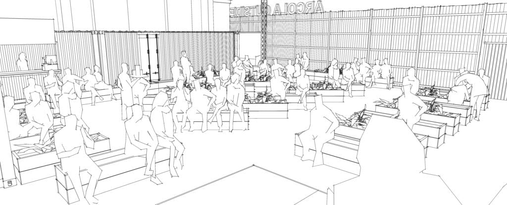 design sketch of audiences in the new Arcola Outside space