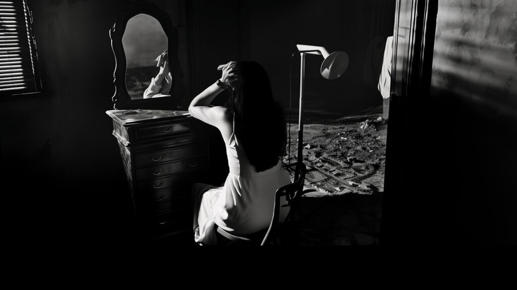 Black and white photo of a woman with long dark hair. She is siting at a dressing table with her back towards us, in what appears to be a moon/lunar landscape. She holds her head in her hands, perhaps in worry or confusion.